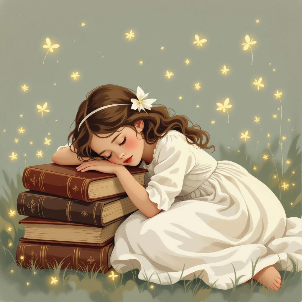 Dreamy Girl Sleeping Surrounded by Fireflies