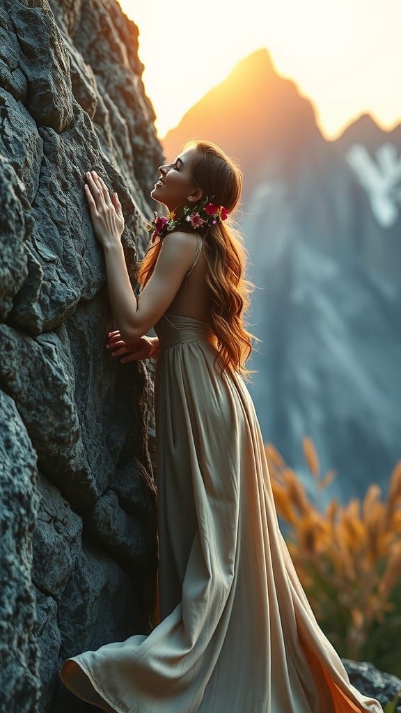 Dreamy Mountain Goddess in Earthy, Surreal Landscape