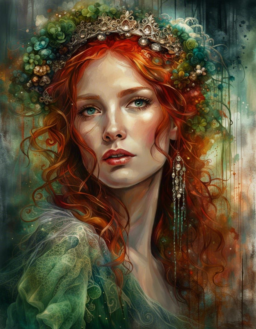 Ethereal Redhead with Flower Crown, Fantasy Art