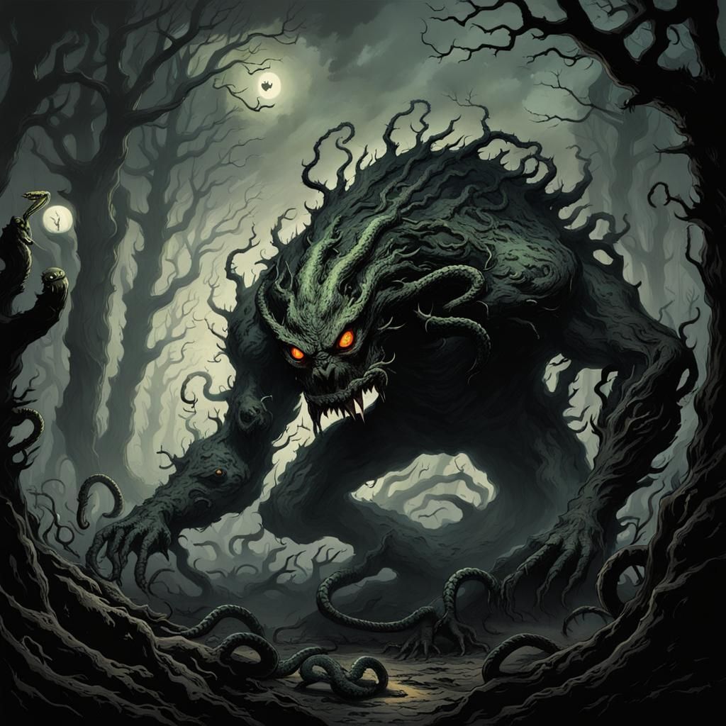 Horror Tree Monster with Snake Heads