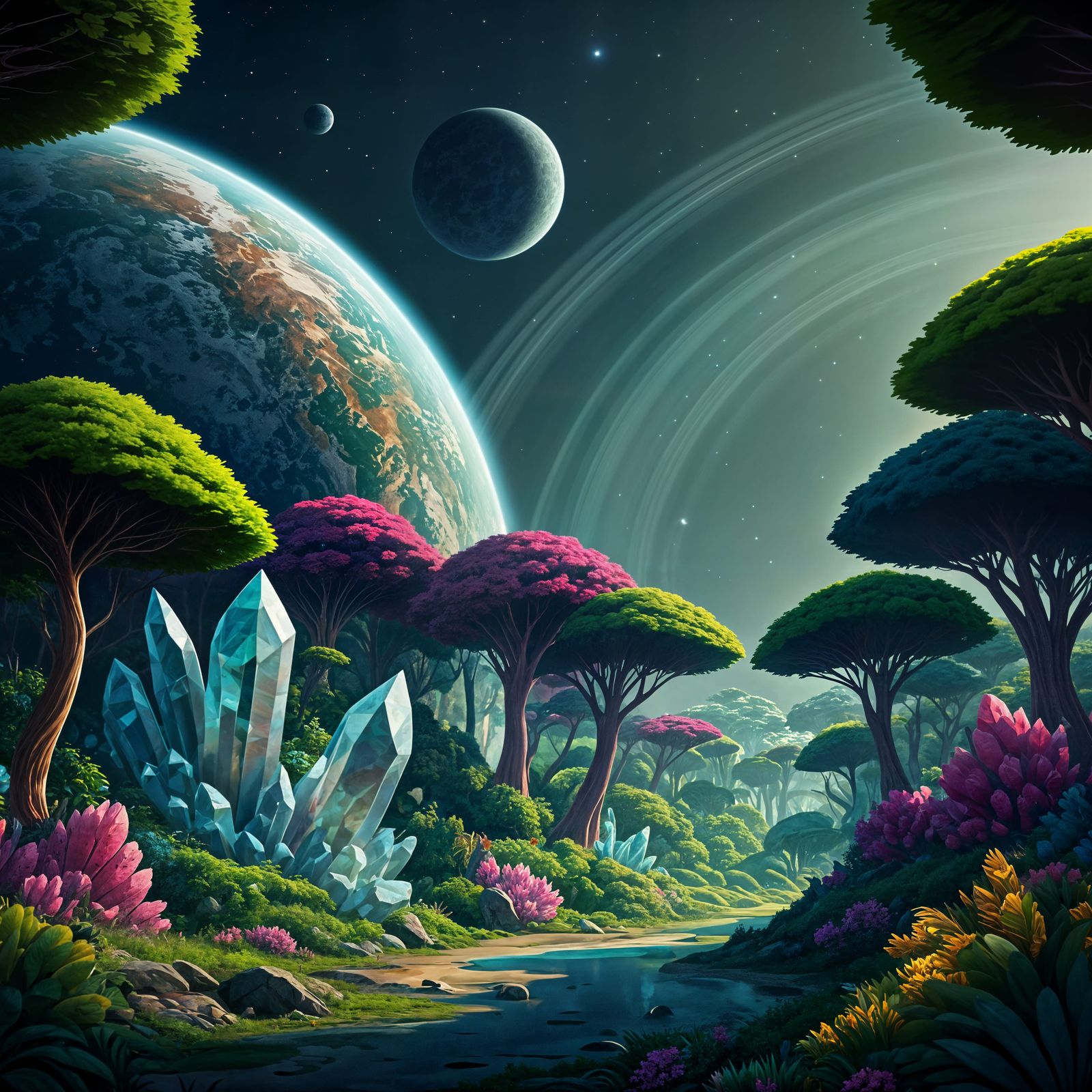 Lush Alien Planet with Crystalline Structures