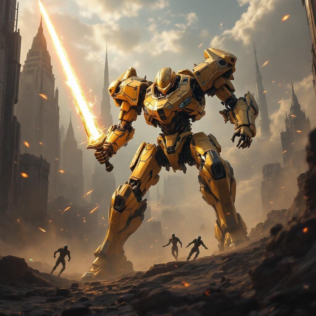 Golden Battle-Mech Defends Retro-Futuristic City