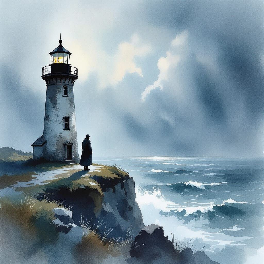 Lighthouse Keeper Gazes at Stormy Sea in Watercolor Style