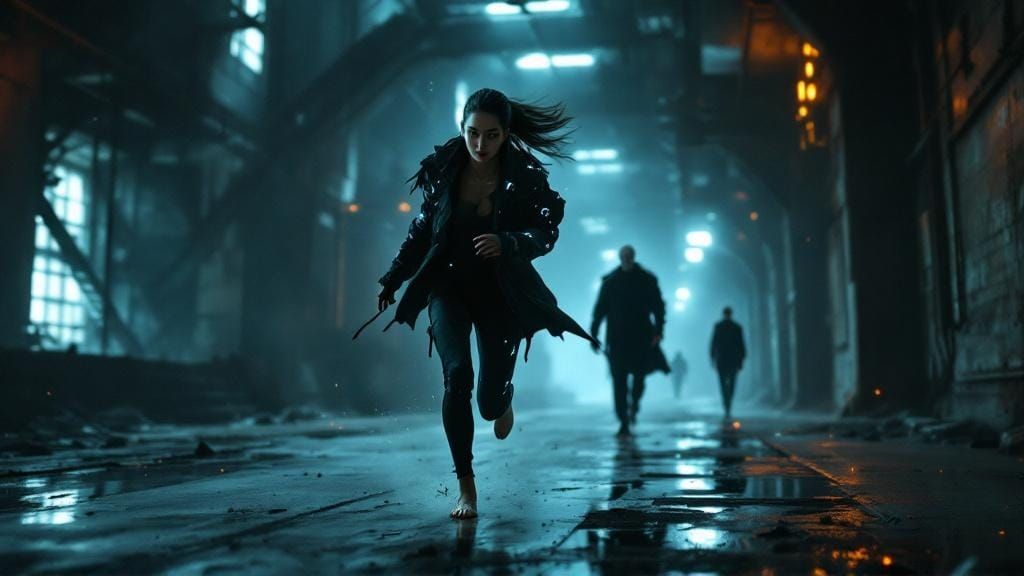 Tense Chase Scene in Abandoned Industrial Complex