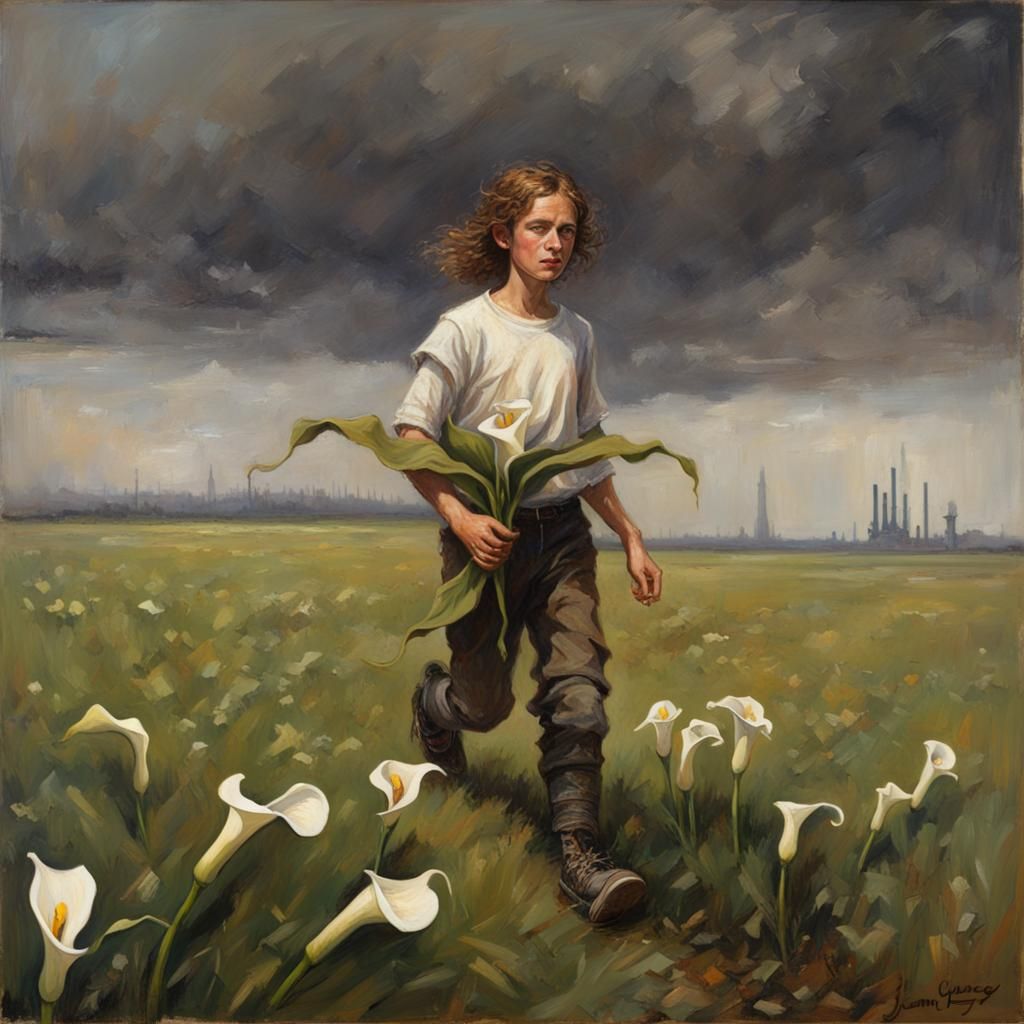 Post-Apocalyptic Youth with Lily, Oil Painting