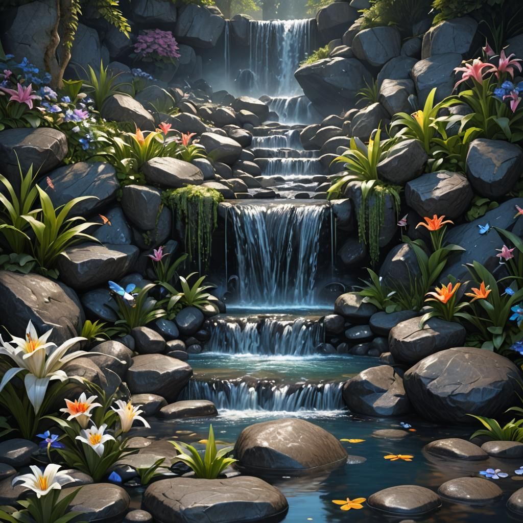 Waterfall Fantasy Art with Lilies and Butterflies