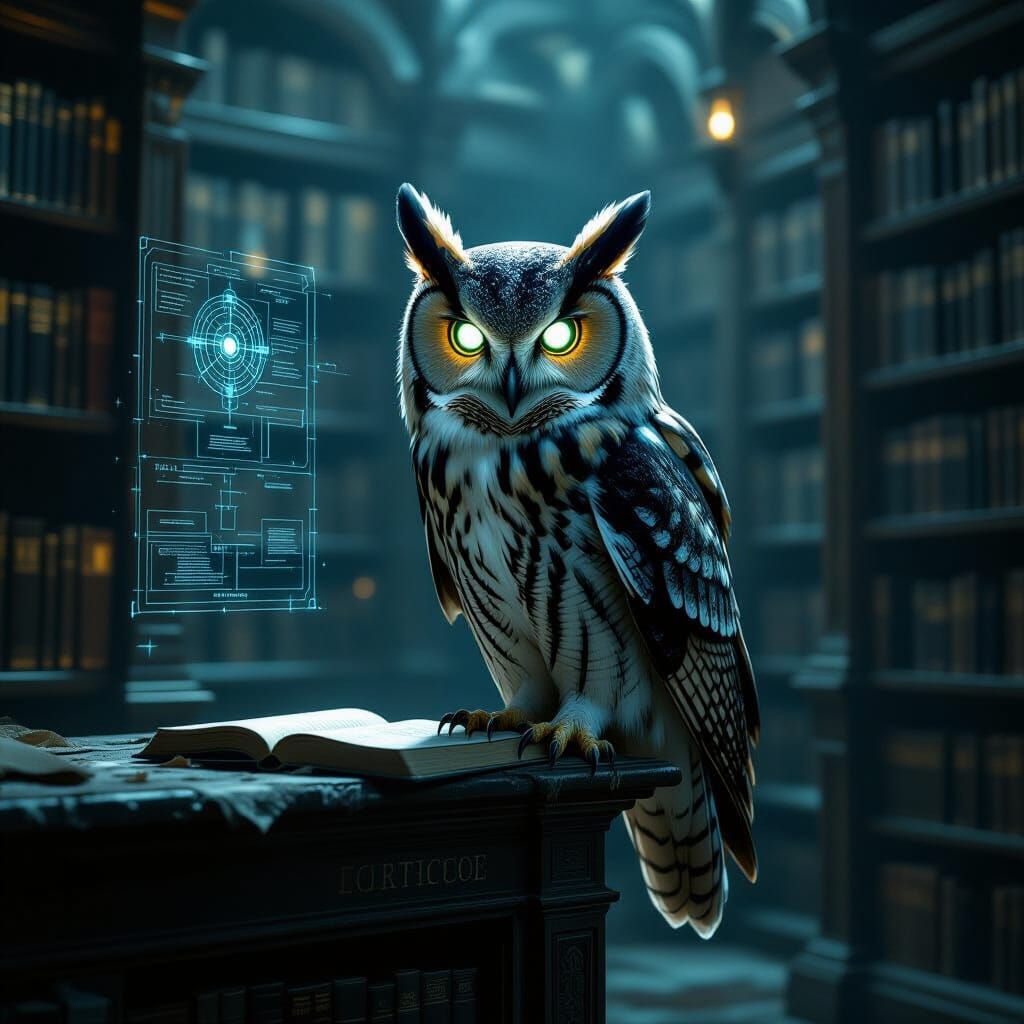 Ancient Cybernetic Owl in Dark Fantasy Library