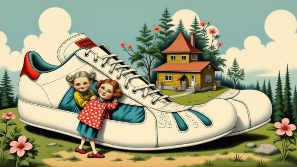 Old Woman in a Shoe House, Folk-Art Illustration