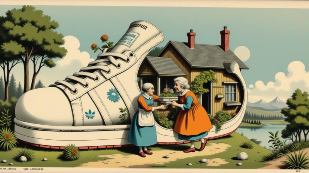 Old Woman's Shoe House in Whimsical Illustration Style