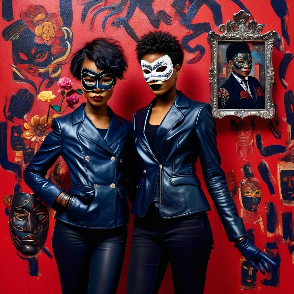 Stylish Women in Masquerade Masks: Basquiat-Inspired Art