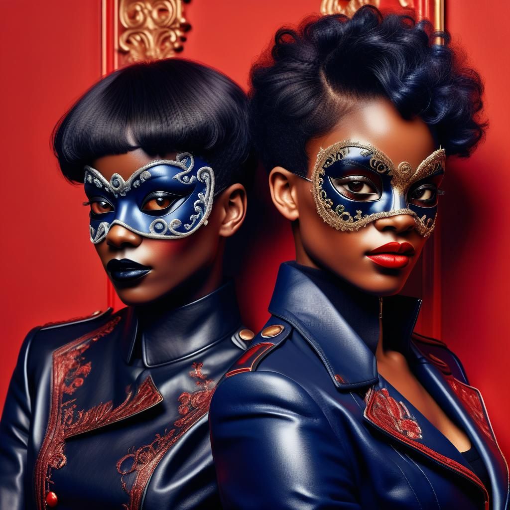 Stylish Women in Masquerade Masks: Digital Illustration