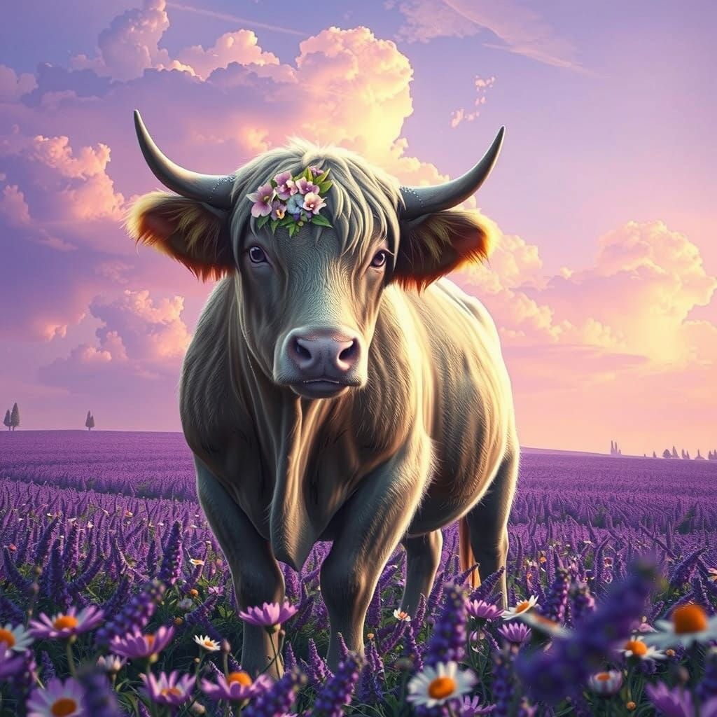 Majestic Cow in Enchanted Purple Landscape