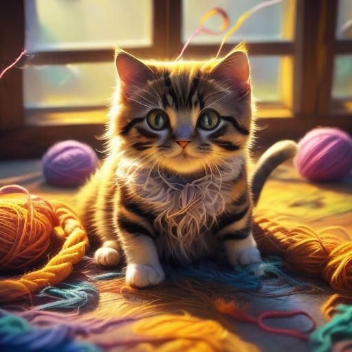 Baby Cat Plays With Yarn: Vibrant Splash Art