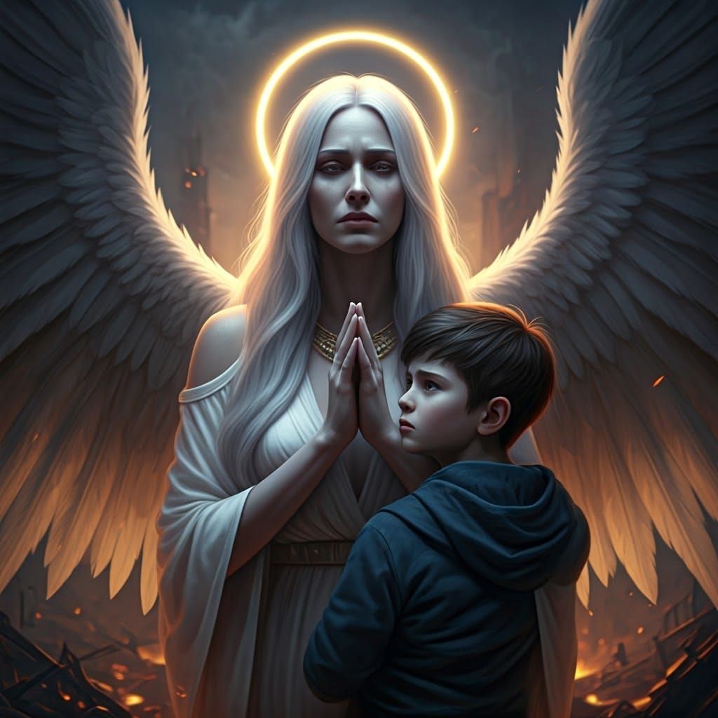 Ethereal Angel Mother in War-Torn Cityscape