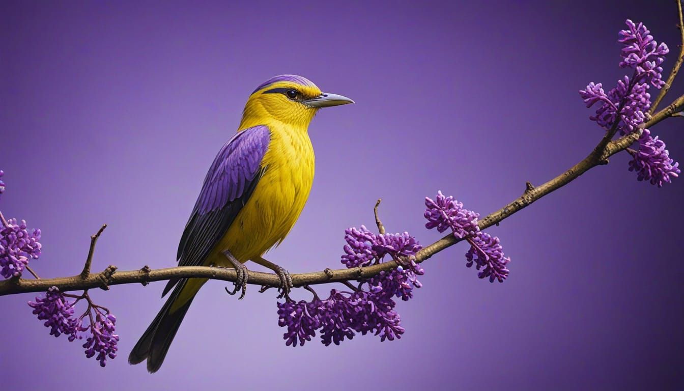Yellow Longbill Perched on Lilac Branch in Splash Art Style
