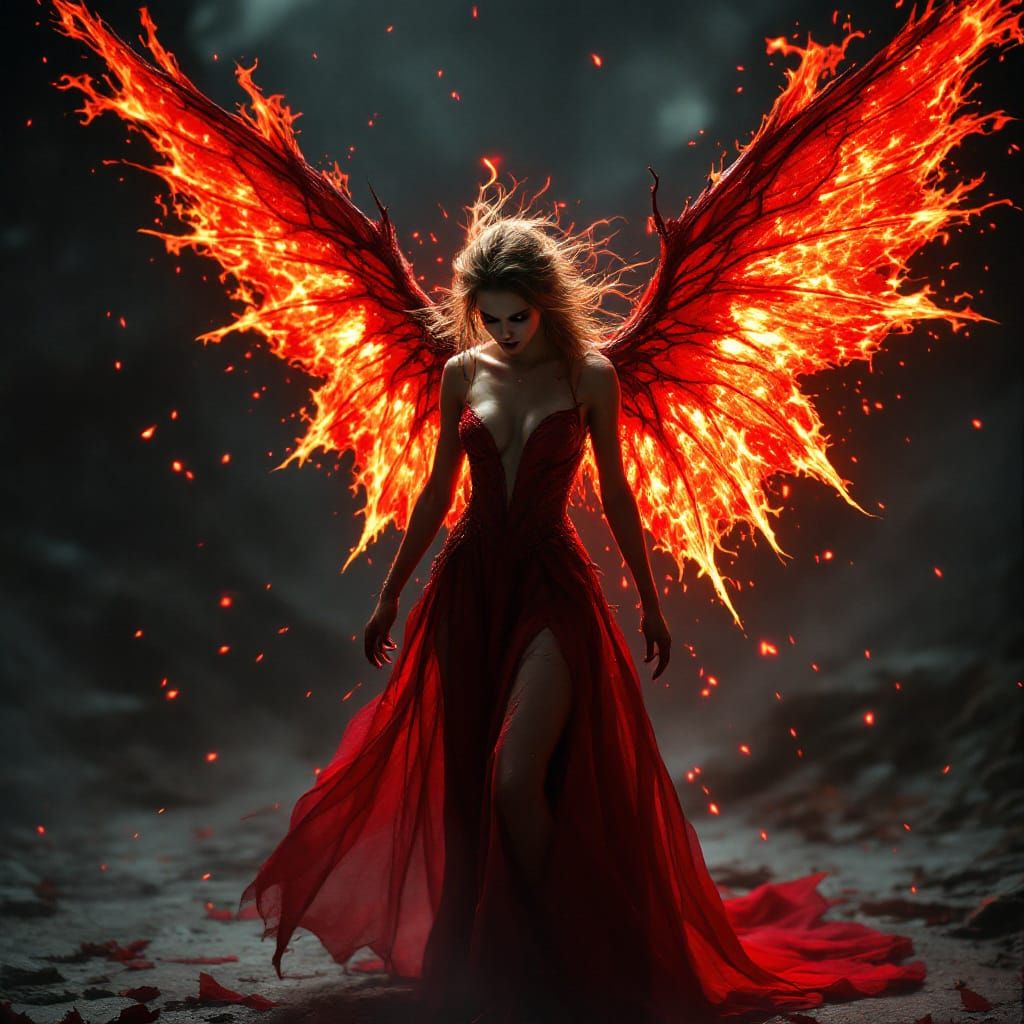 Angry Fairy with Fiery Wings and Torn Red Dress