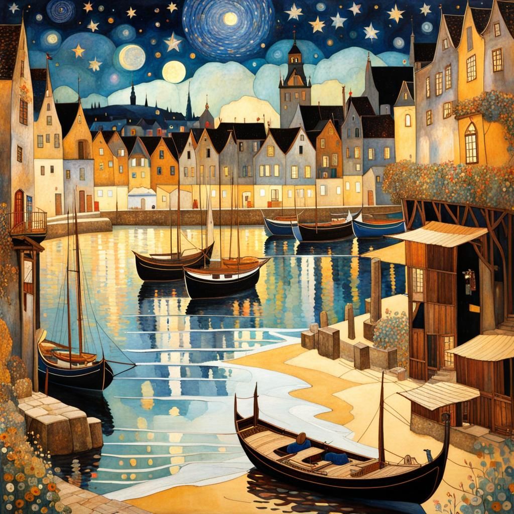 Medieval Port Town Under Starry Sky in Intricate Detail