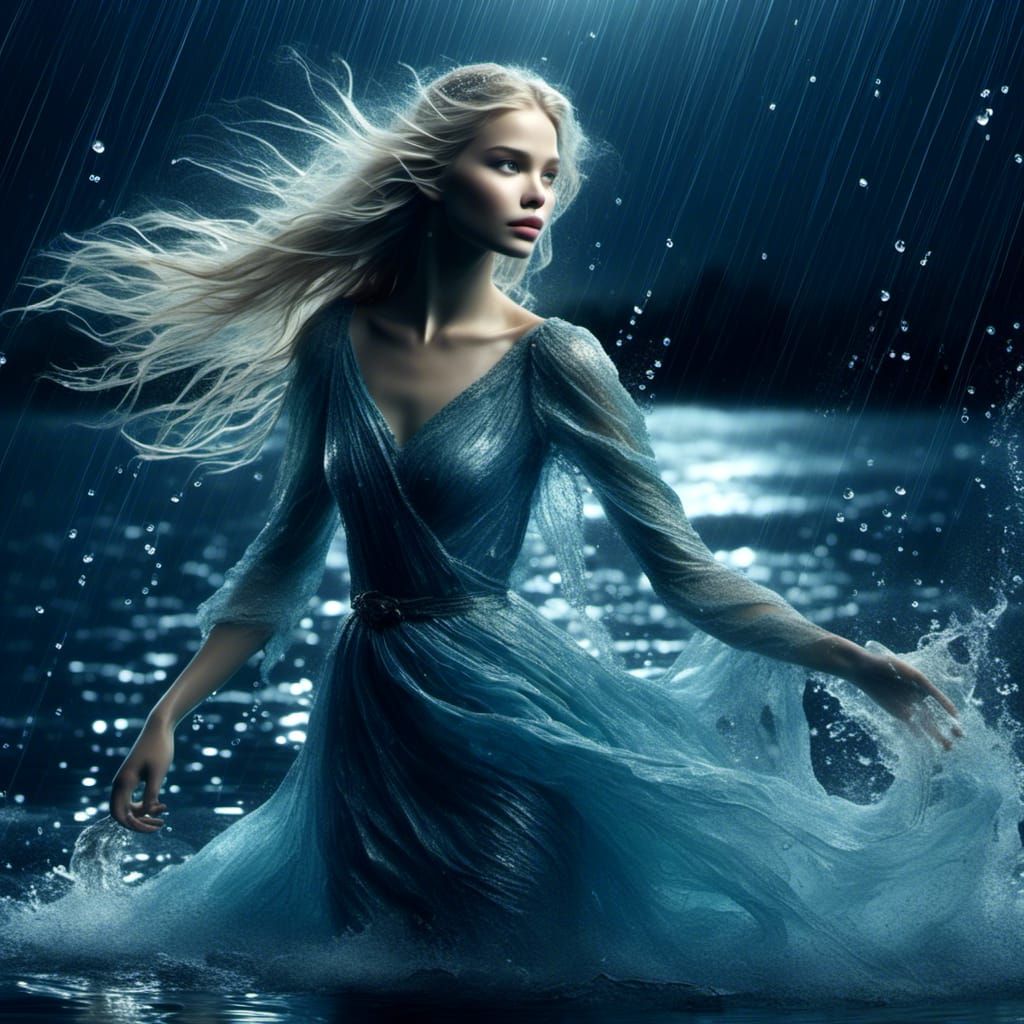 Water Sorceress in Moonlight: Impressionistic Watercolor Pai...