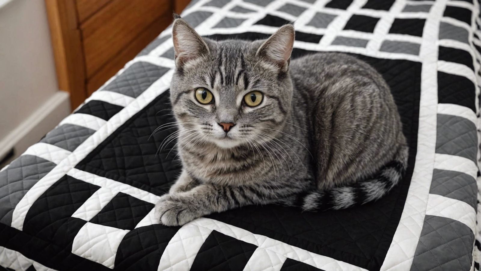 Cute Gray Cat Relaxing on Quilted Blanket