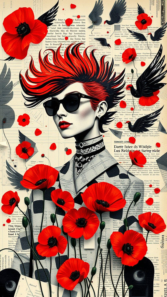 Dada-Inspired Collage with Geometric Motifs and Poppies