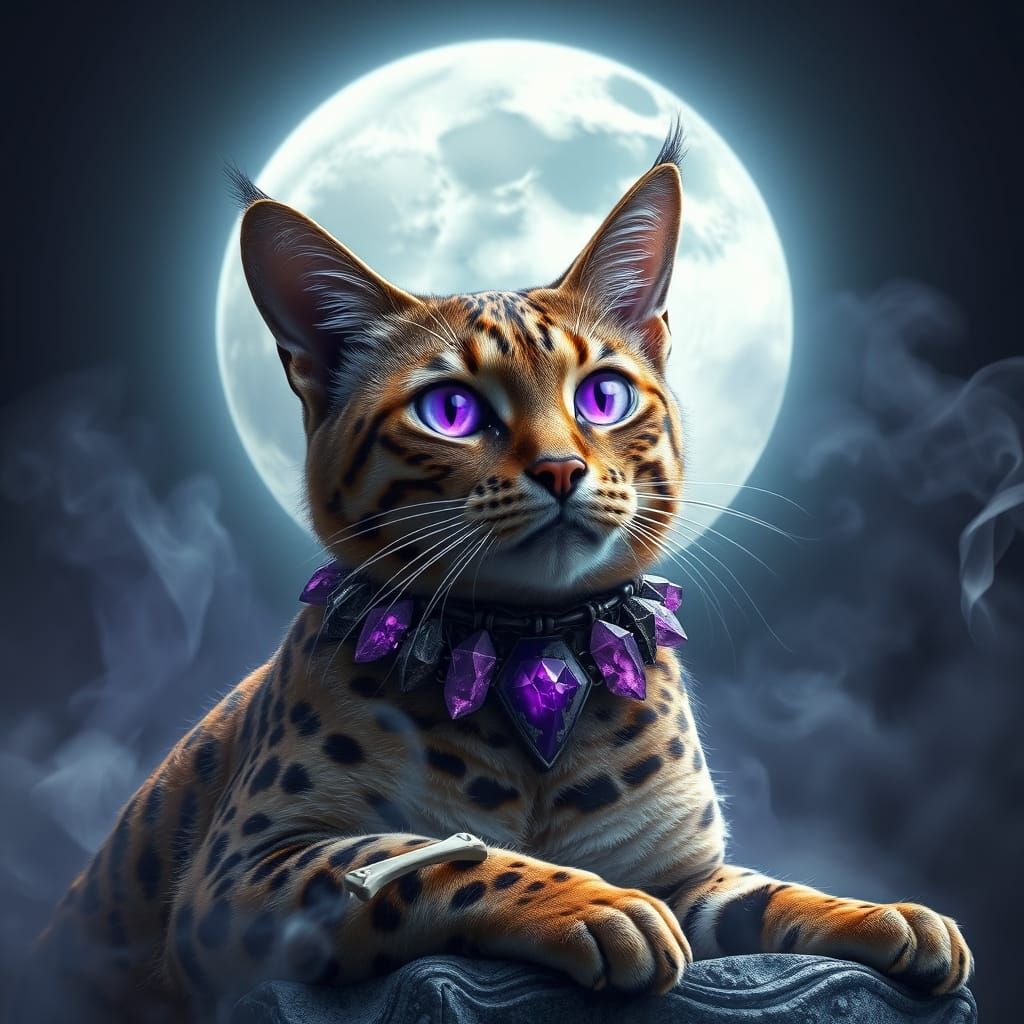 Regal Savannah Cat under Full Moon