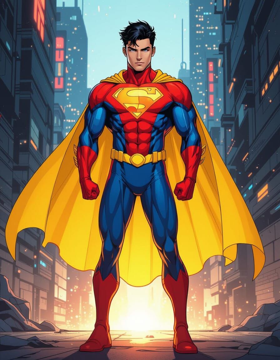 Muscular Superhero in Spandex with Yellow Cape