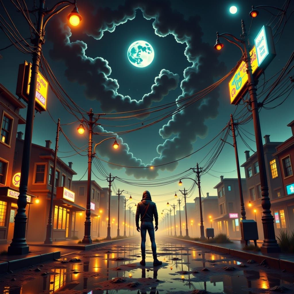 Haunting Figure in Abandoned Town, Retro-Futuristic Style