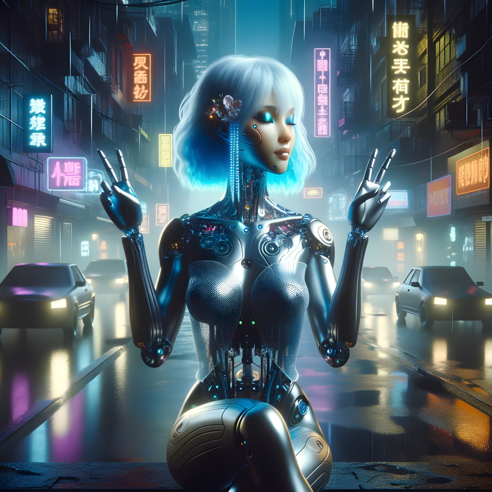 Cyberpunk Goddess Amidst Neon Noir Chaos