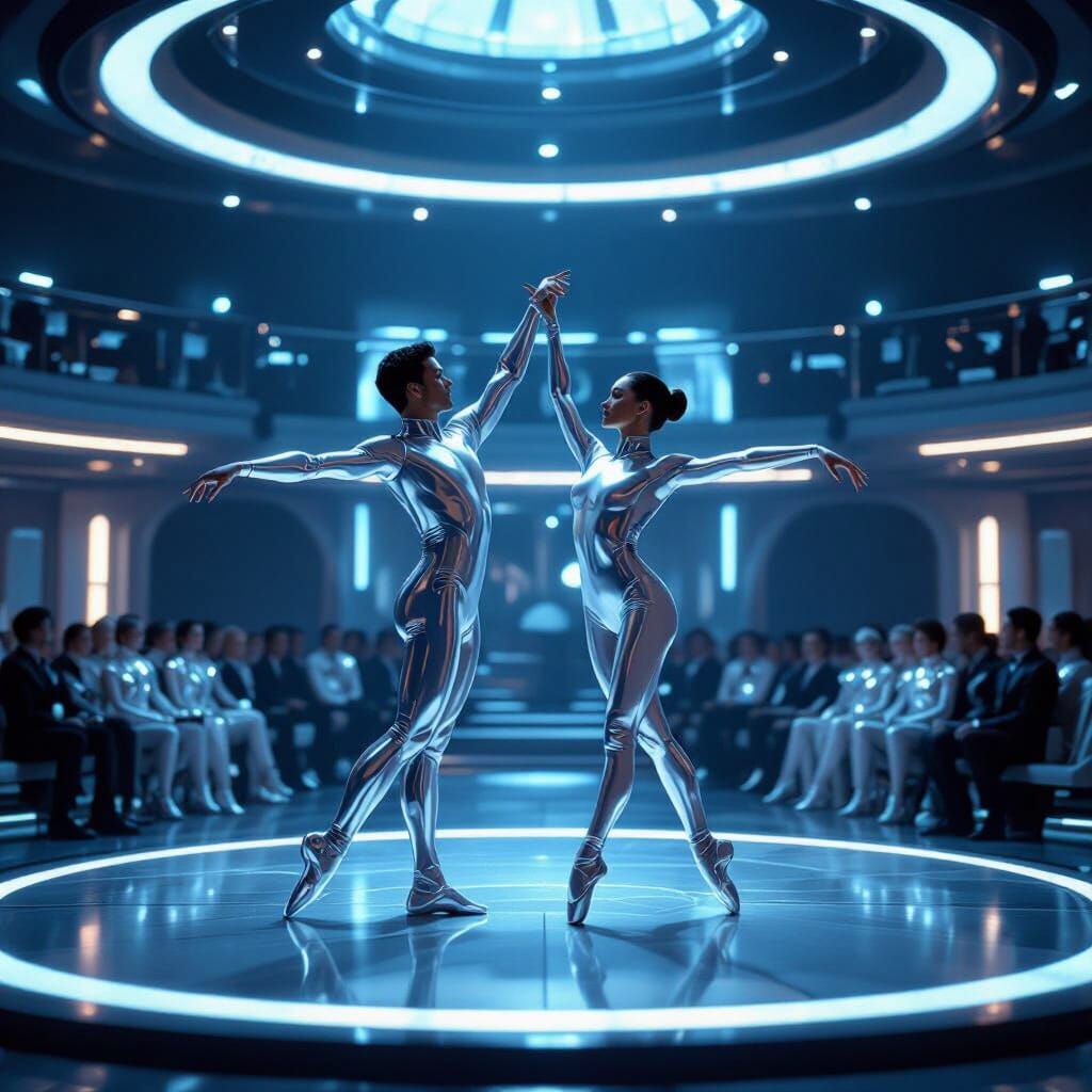 Futuristic Ballet Dancers in Spaceship Bridge
