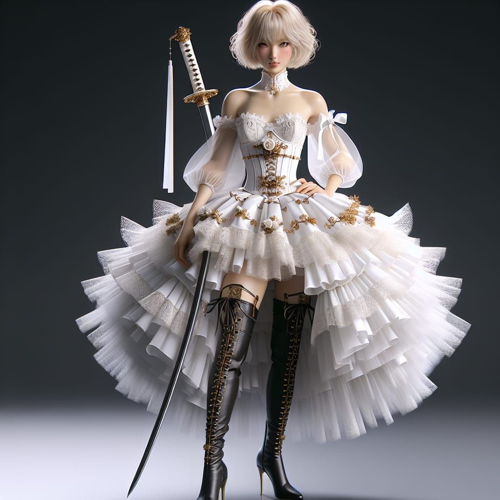 Beautiful Japanese woman with short blonde hair wearing a white bustier trimmed in gold along the edges a thigh-length f...