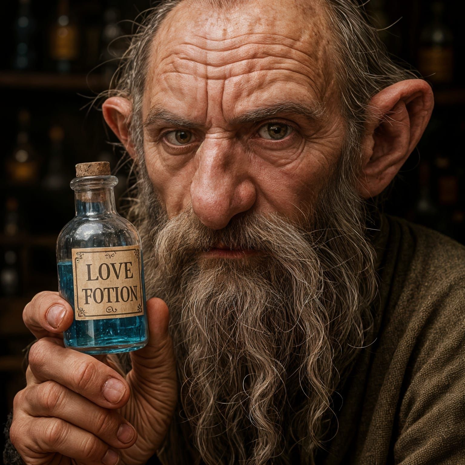 Macro Shot: Gaunt Dwarf Apothecary with Love Potion