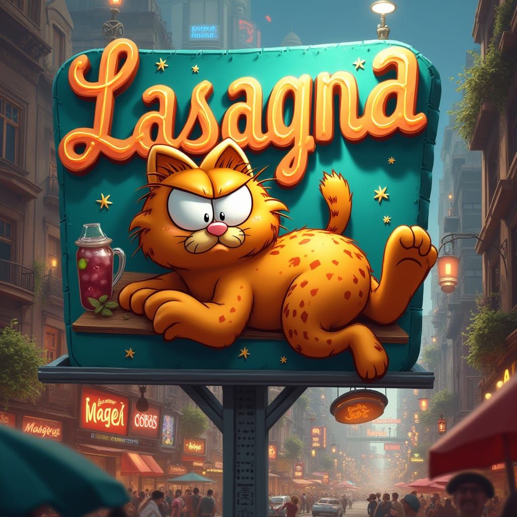 Surreal Lasagna Billboard Cat in Neon Cityscape