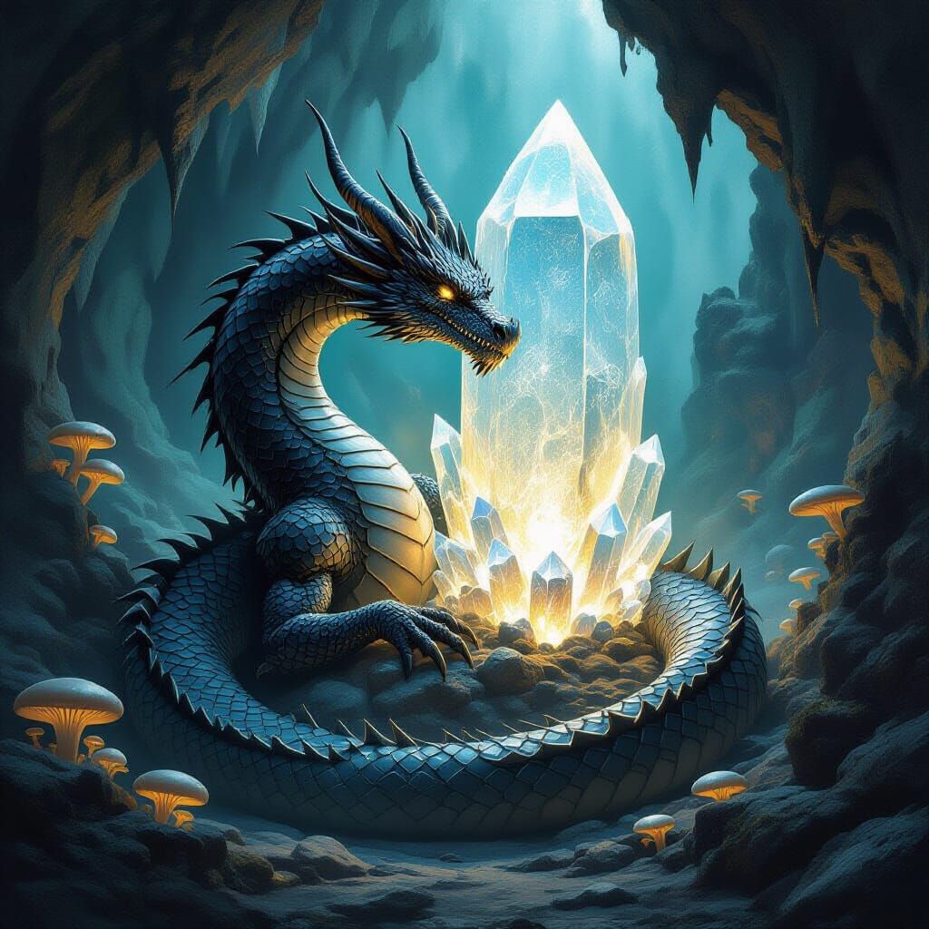 Obsidian Dragon Coiled Around Crystal in Bioluminescent Cave...