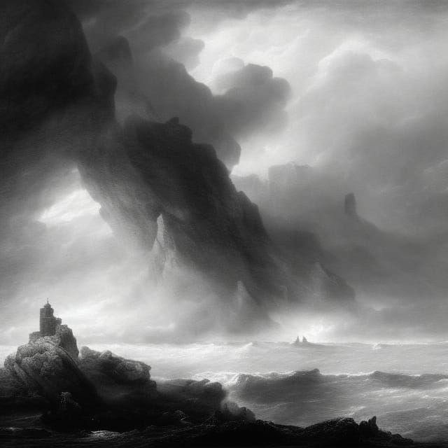 Lonely Mansion on Cliff: Charcoal Drawing in Gothic Style