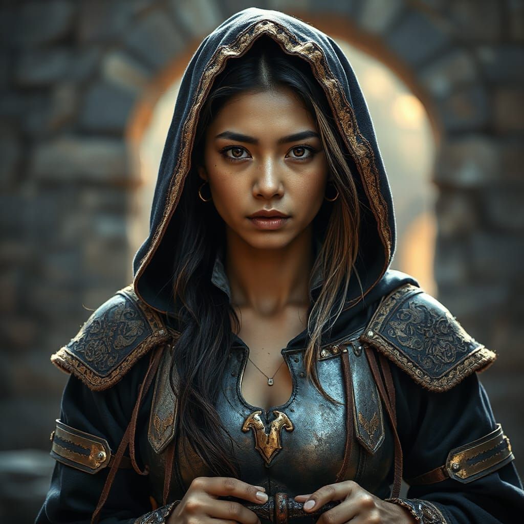 Kyrgyz Warrior Woman in Ornate Blue Cloak and Armor