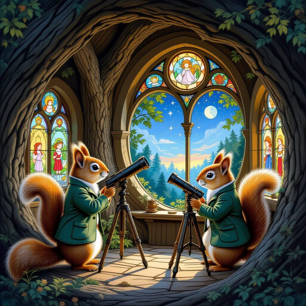 Squirrel Astronomers in Woodland Observatory, Art Nouveau St...