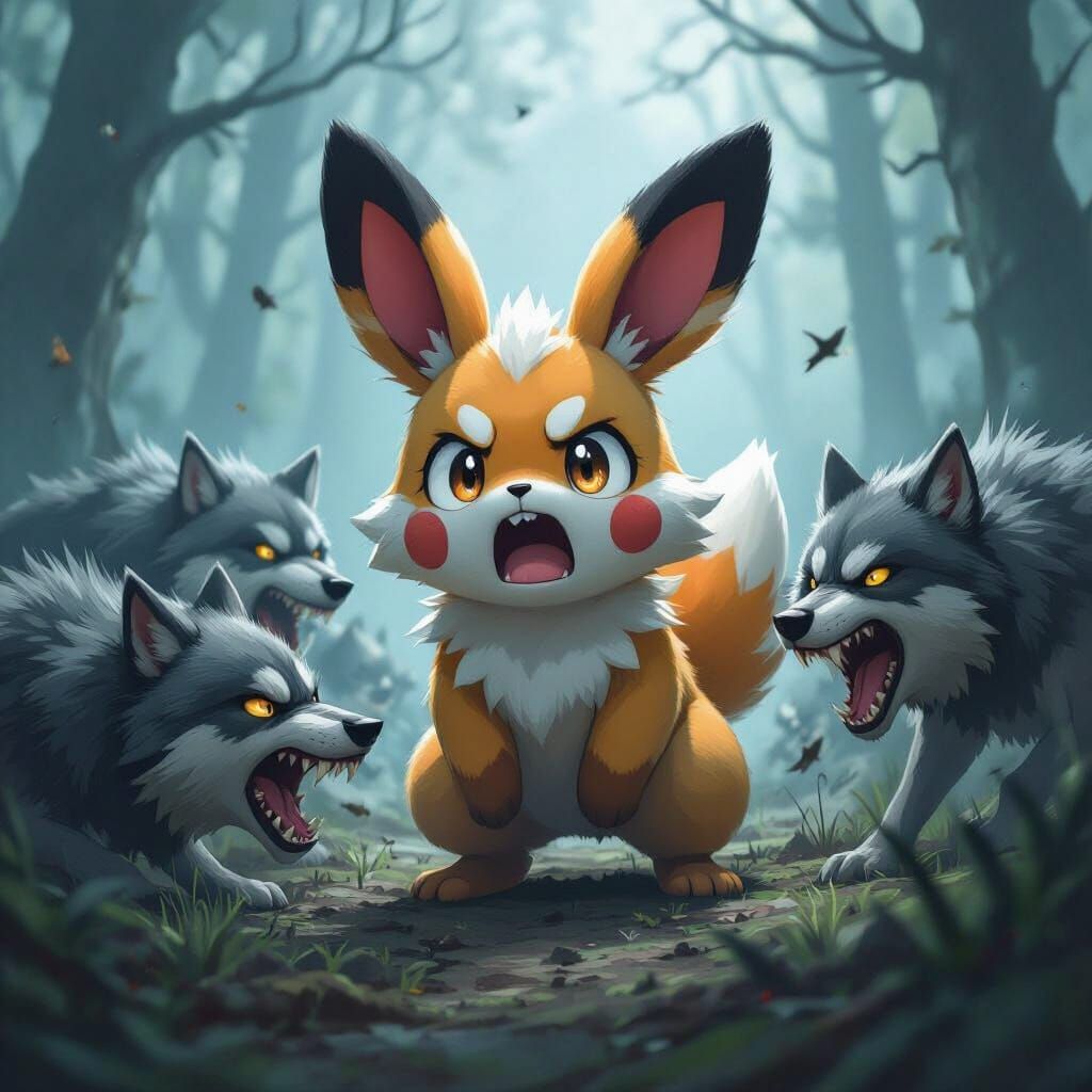 Terrified Scorbunny Surrounded by Wolves in Misty Forest
