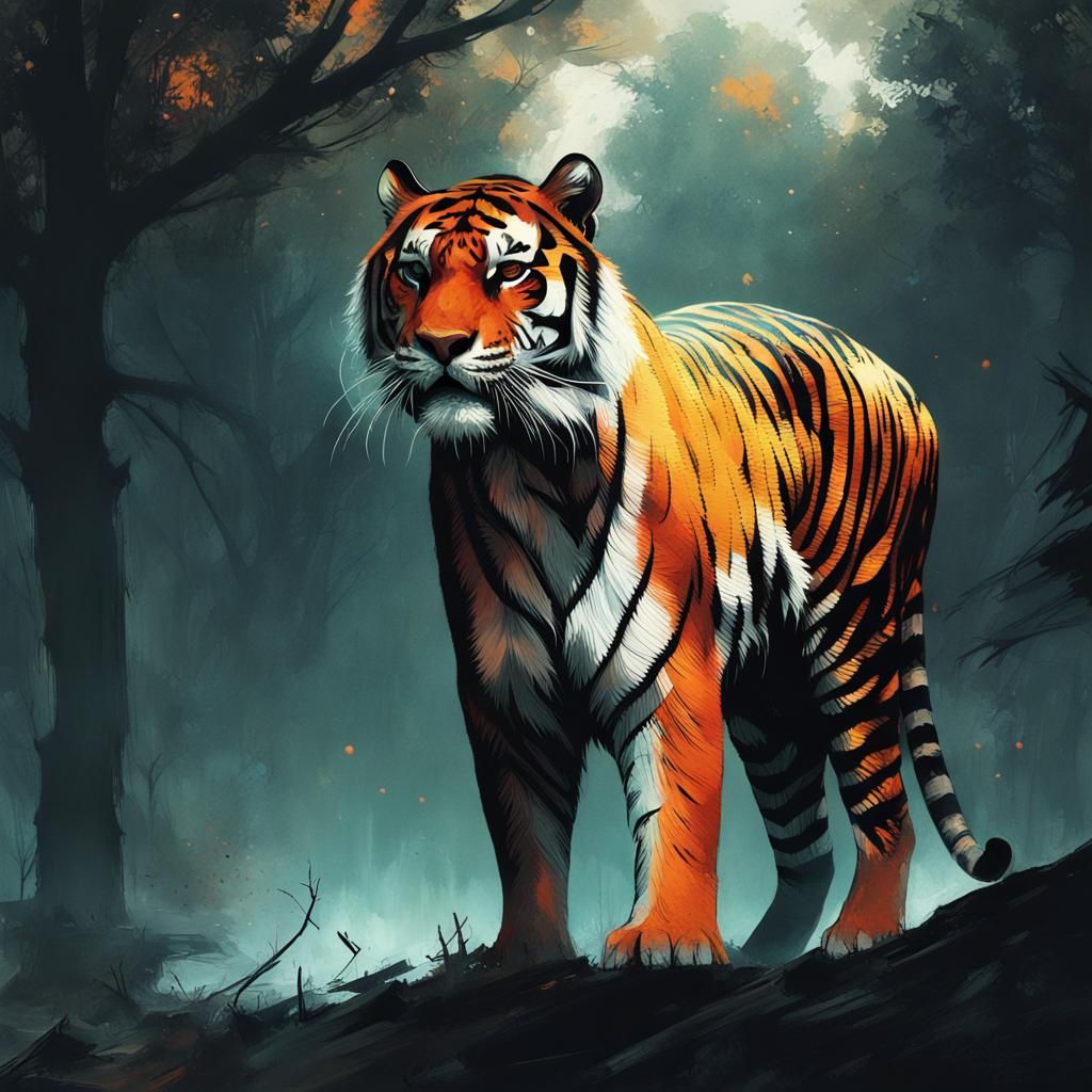 Galactic Tiger Silhouette Double Exposure in Detailed Matte ...