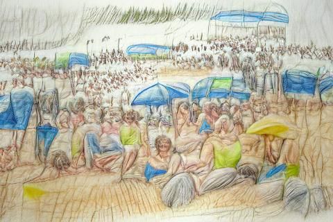 Summer Beach Scene in Pencil Sketch Style