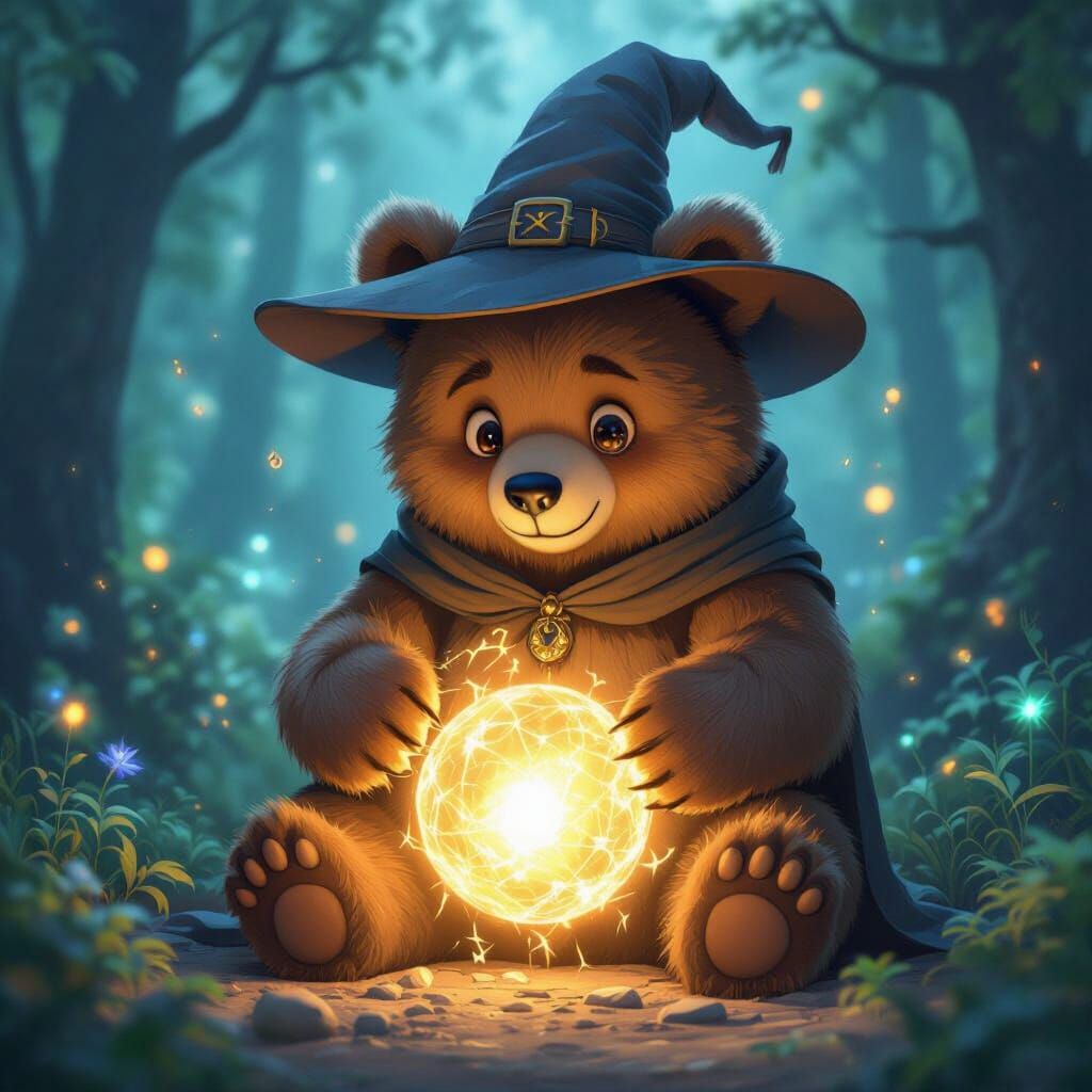 Magical Bear Conjuring Energy in Enchanted Forest