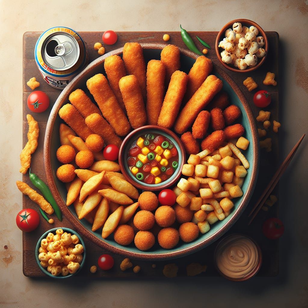 Bowl of Fried Finger Foods with Retro Soda