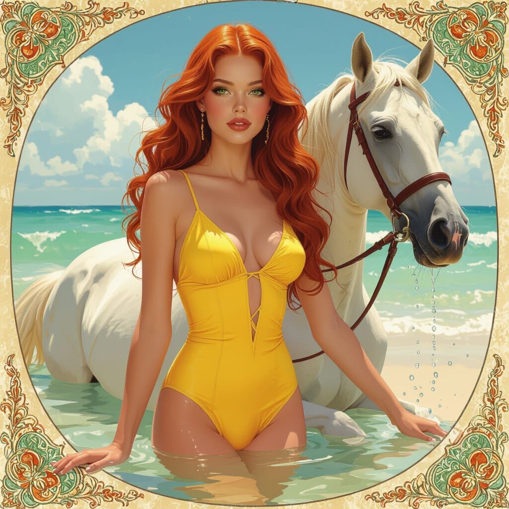 Redhead Model on White Stallion in Art Nouveau Style
