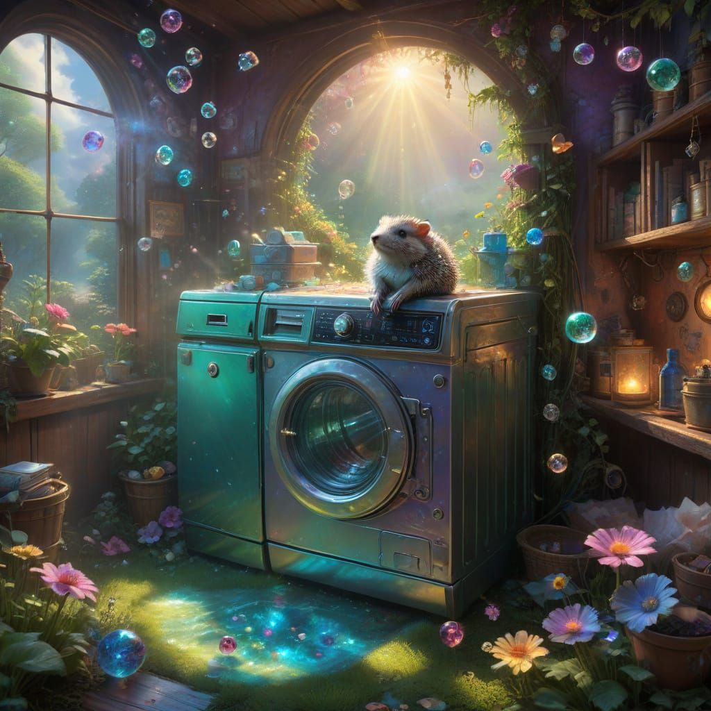 Whimsical Washing Machine in a Steampunk Garden Scene