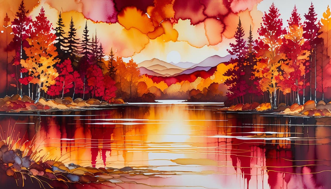 Alcohol Ink Lake Scene with Autumn Forest