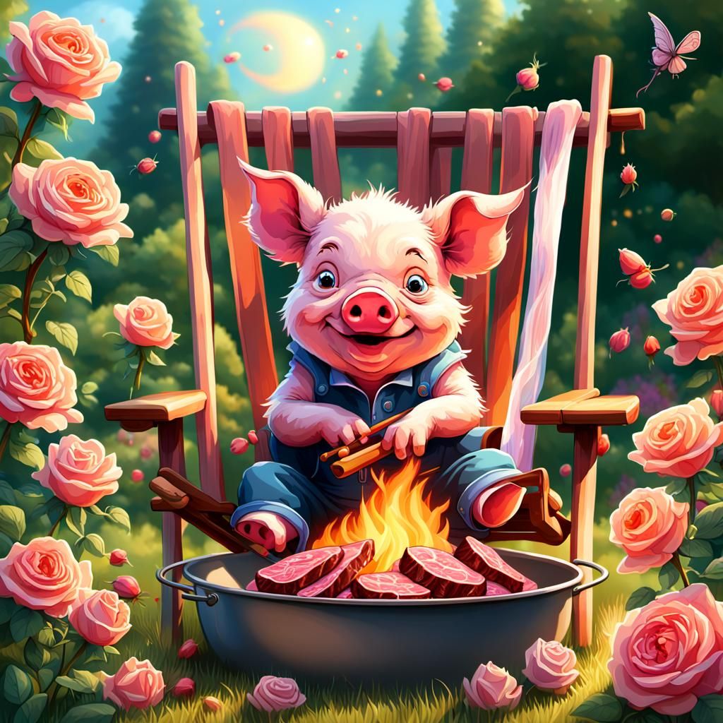 A digital painting of a whimsical piglet in a deck chair wav...