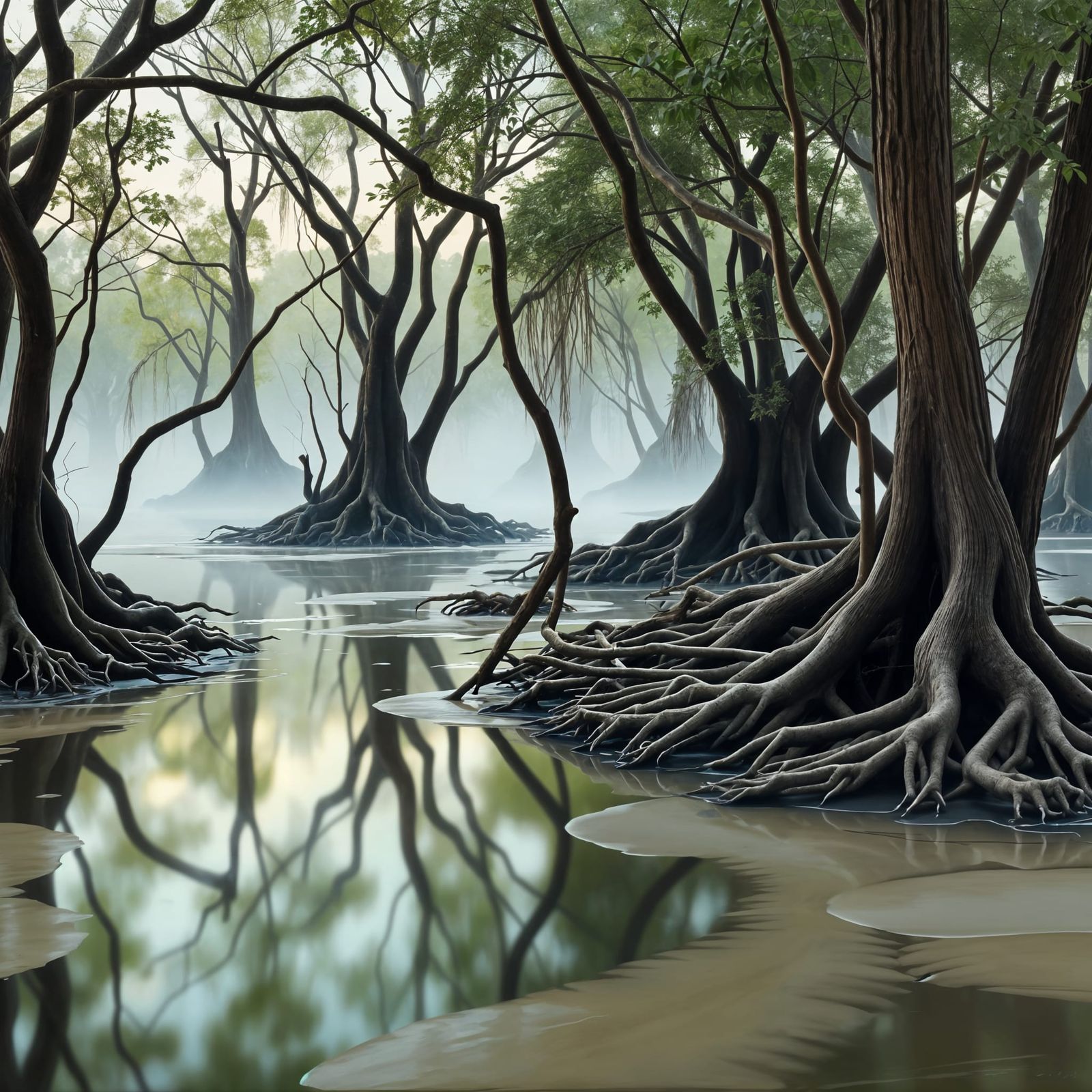 Coastal Mangrove Forest at Low Tide Oil Painting