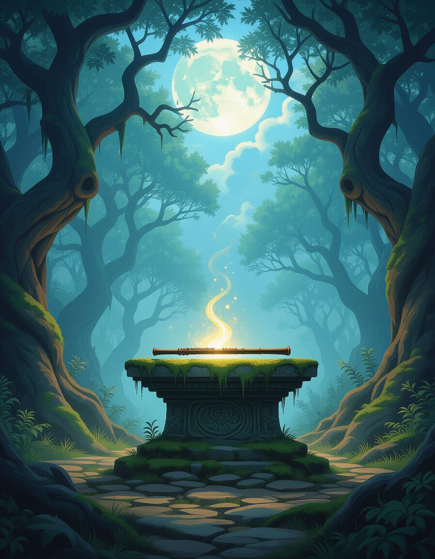 Mystical Forest Altar with Glowing Flute