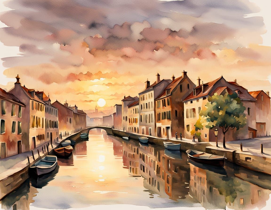 Serene Canal Landscape in Impressionist Watercolor Style