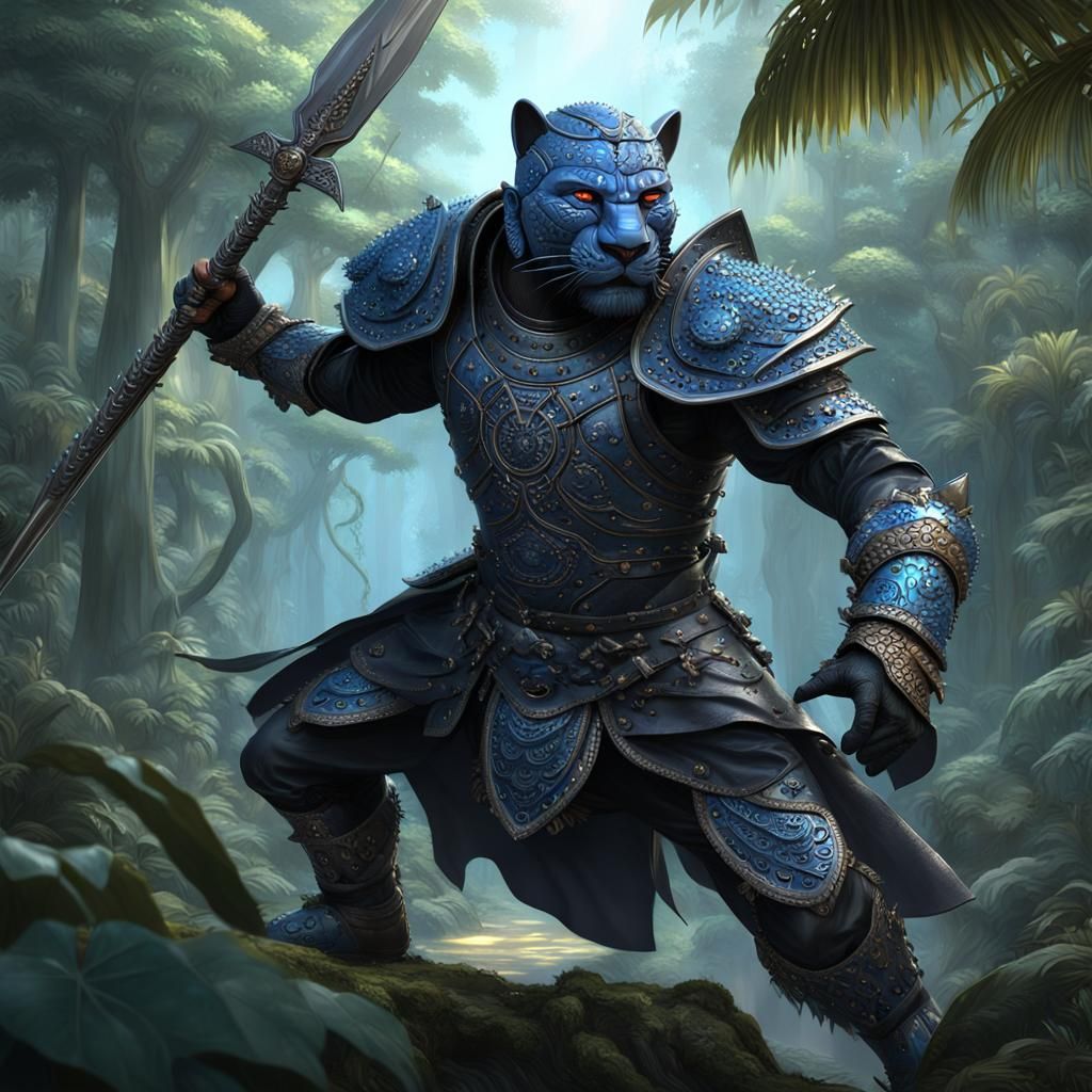 Panther Humanoid Warrior in Jungle, Dark Fantasy Art