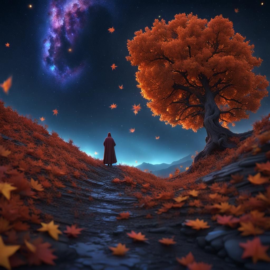 Autumnal Galaxy Cloak Figure Under Starry Sky